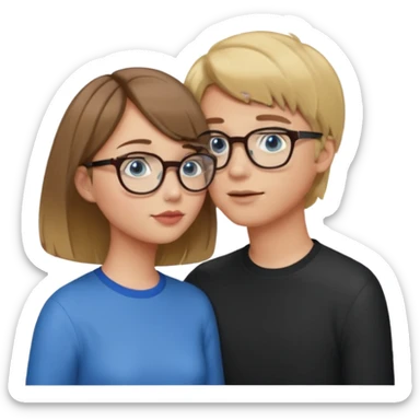 una ragazza con il caschetto marrone che bacia un ragazzo con i capelli biondi gli occhiali da vista e gli occhi azzurri sticker