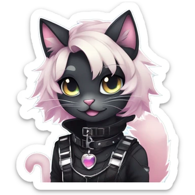 Gorgeous sparkly legendary gradient gothic dark techwear anime style anthro cat with blushing face aesthetic and pretty edgy black with collar and harness trending style sticker