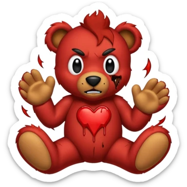 One red devil tearing up one brown teddy bear sticker