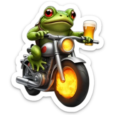 Toad in a motorbike with a beer in one and and fire exaut sticker