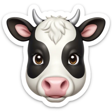 Cinematic Cute Black and White Cow Portrait Emoji, Head tilted playfully and inquisitively, featuring a glossy, contrasting coat of black and white, round, sparkling brown eyes filled with gentle curiosity, Simplified yet irresistibly adorable features, highly detailed, glowing with a warm, friendly glow, high shine, affectionate and serene, stylized with a touch of contemporary charm, bright and endearing, soft glowing outline, capturing the essence of a mischievous yet loving cow, so playful it feels like it could moo out of the screen and into your arms! sticker