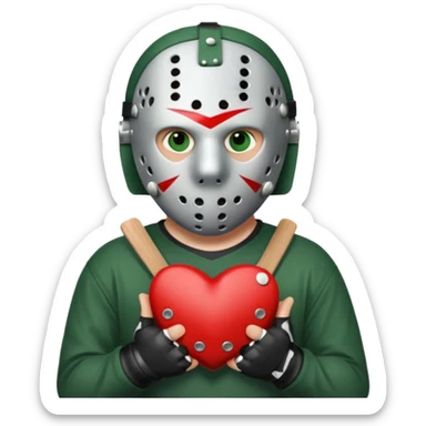 a cartoon image of Jason Voorhees, looking cute, with his hands clasped in front of him, at a sideways angle, looks like he is in love sticker