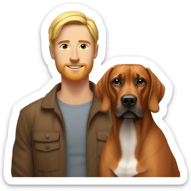 white male with long rainbow colored hair standing alongside a brown rhodesian ridgeback sticker