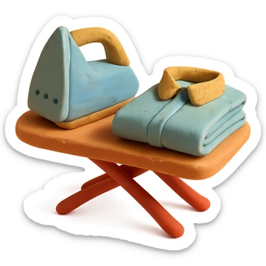 iron on ironing board with a neatly folded shirt, playful arrangement, pastel palette, claymation style sticker