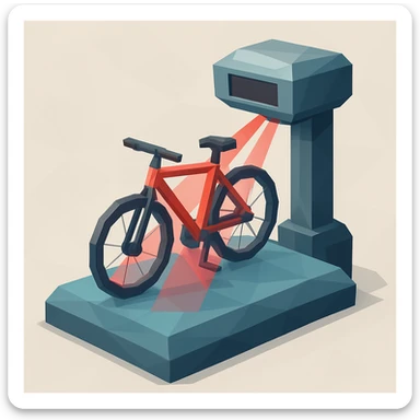 3D polygonal illustration of a bike scanner, showing a bicycle on a platform with scanning lasers and geometric shapes sticker