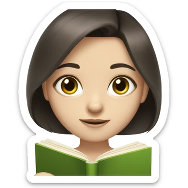 Girl with green eyes, shoulder length dark brown hair, pale skin, reading a book  sticker