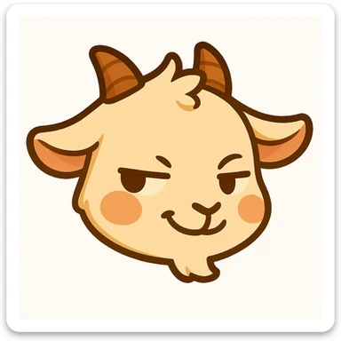 Chibi goat head only, looking to the side with a little smirk and mischievous expression, slight blush. Match the simple, clean, less detailed style and crop of the previous joyful goat head emoji. White background. Designed for a small emote. sticker