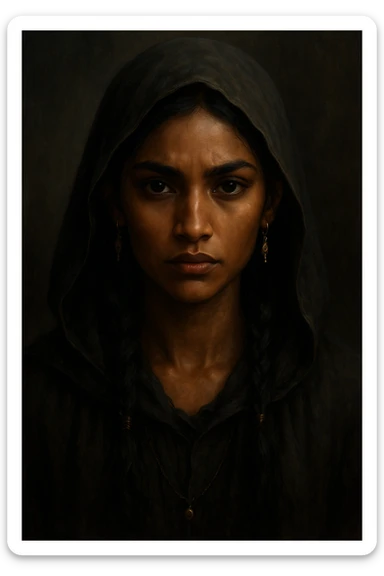 Inej Ghafa from Six of Crows, close-up portrait, Suli features, dark eyes, wearing a hood, soft but fierce expression, subtle jewelry sticker