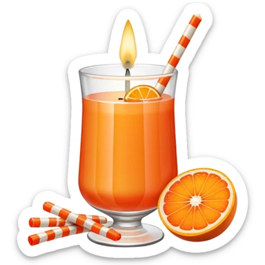 An orange grapefruit, with a horizontal red stripe around the middle. 4 vertical cocktail sticks in the orange with small pieces of candy on the sticks. On top of the orange a small white lit candle. The orange should be a piece of fruit not a drink.  sticker