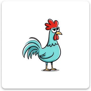 A silly cross-eyed rooster chicken with bright blue-green feathers, red comb, long neck, skinny legs, and confused expression sticker