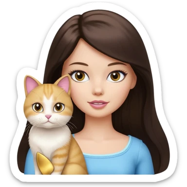 White Barbie girl dark brown long hair with British gold cat sticker