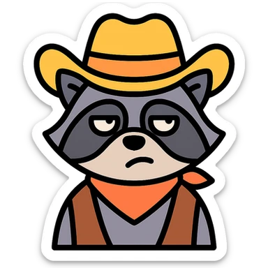 raccoon dressed as a cowboy, rolling his eyes, color outline icon sticker