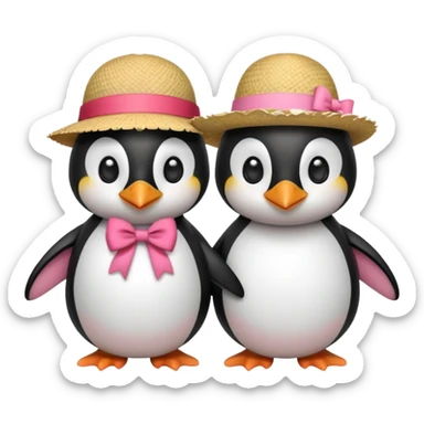 Allora fammi un emoji che rappresenta un pinguino con in testa un fiocco rosa che da la mano a un altro pinguino che in testa ha un cappello di paglia con al centro del cappello una striscia rossa sticker