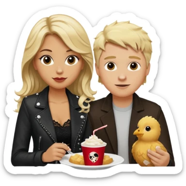 Love tan woman long wavy blonde hair and black lace  with  a white man short spiked blonde hair wearing Brown  jacket eating chick filet  sticker