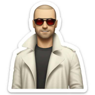 <excerpt>
A white man with real buzz cut Black hair, beard stubble donning small red tinted sun glasses in a dirty white trench coat, is serious.
</excerpt> sticker