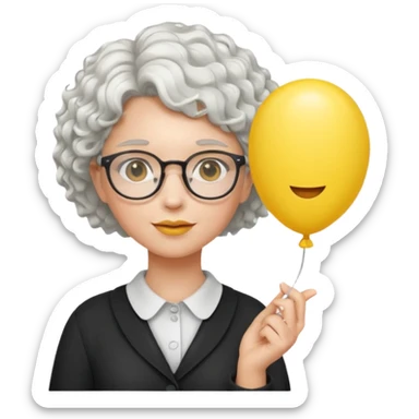 woman with short curly white hair and wearing glasses, holding yellow balloon sticker