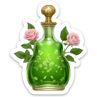 Green magic sparkling old Antique oil perfume bottle with herbal and rose flowers sticker