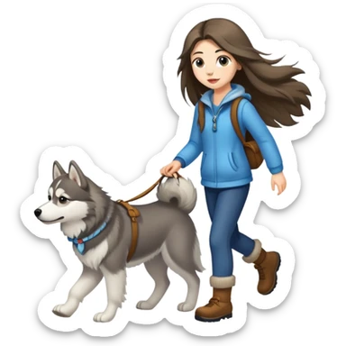 A long-haired girl walking a husky sticker
