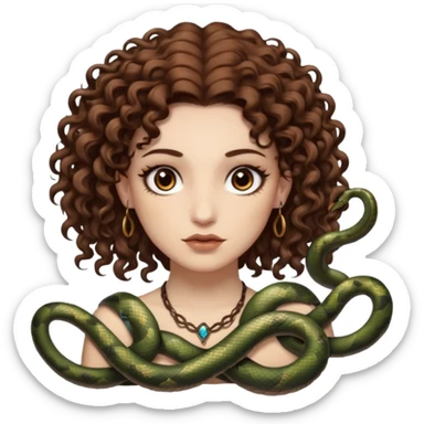 Sexy brown eyes, white skin, brown curly hair, with tattoo, mystic vibe, with snakes  sticker