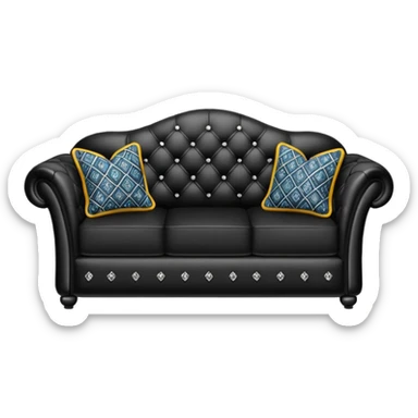 Hyperrealistic mirco-detailed, black leather Luxury couch, with two patterned print decorative pillows, in a trending now style. Sill life, no emoji icons, no emoji faces, no human figures, 8k sticker