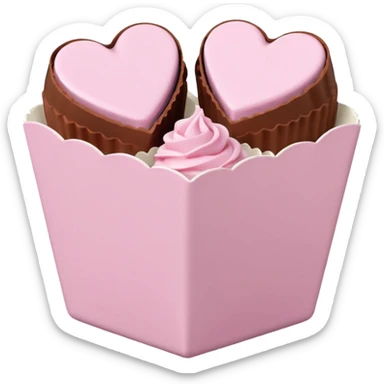 Two square milk chocolate , Each praline is a sharp-edged cube with smooth glossy chocolate coating, placed in a small white fluted paper candy cup. On top of each cube is a flat pastel pink heart-shaped icing sticker