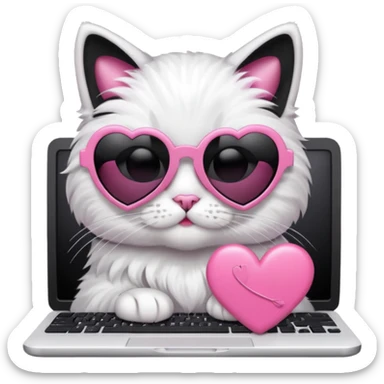 Black and white cat with pink ribbon and black cool sunglasses doing pink computer with pink heart sticker