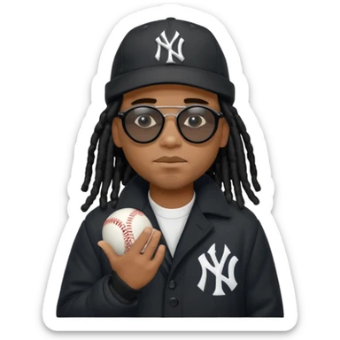 African American man with shoulder length black dreadlocks wearing black sunglasses with black bubble winter coat wearing a New York Yankees baseball hat with hands thinking on face sticker