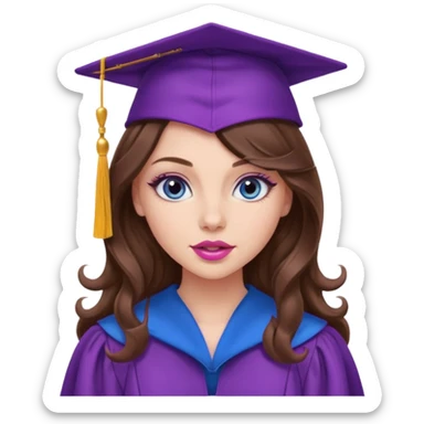 girl with gorgeous curled long brown hair, blue eyes, long lashes makeup, sexy pink lips, wearing a purple graduation cap and gown sticker