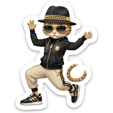 female cat dressed like Run DMC in tracksuit, fedora, Adidas shoes, dark sunglasses, lots of gold chains and bling accessories, break dancing sticker