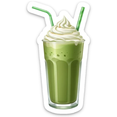 iced matcha latte in a tall clear glass with straw and whipped cream sticker