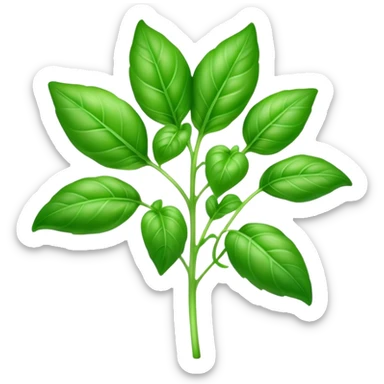 Cinematic Realistic Basil Emoji, Lush and fragrant, with vibrant green leaves that release a fresh, herbal aroma. The soft, glossy leaves are delicately arranged along slender stems, exuding vitality and flavor. Soft glowing outline, capturing the essence of freshness, growth, and aromatic delight in a blossoming basil plant! sticker