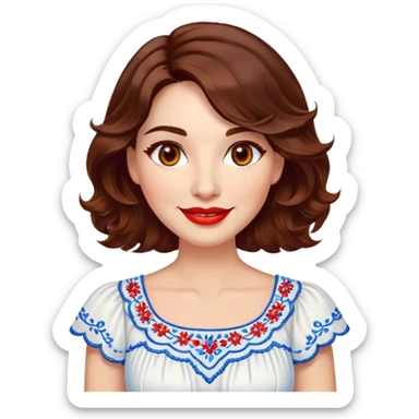 Professional woman at 40 with bright complexion, round face, big lively light brown eyes, wide friendly smile, vibrant red lips, voluminous wavy dark brown hair to shoulders, white summery dress with blue embroidery and electric blue neckline sticker