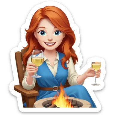 Laughing redhead with long hair and blue eyes holding white wine sitting in chair beside fire pit sticker