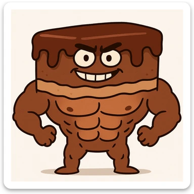 fun and bold chocolate cake with muscular abs, cartoon style, white background sticker