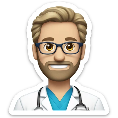 male dark blond haired doctor with grey van dyke beard with hazel eyes and small wire-rimmed glasses in blue scrubs holding a large paintbrush in one hand and a jigsaw in the other sticker