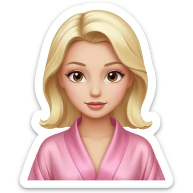 blonde model with brown eyes, luxury makeup, light pink silk robe, winking sticker