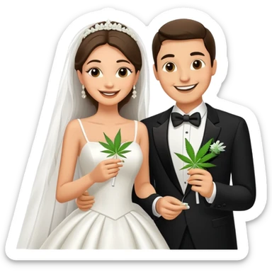 Bride in white dress and groom in tuxedo sharing a cannabis joint, cheerful cartoon wedding couple sticker