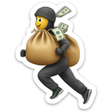 Rubber with money bag behind his back running sticker