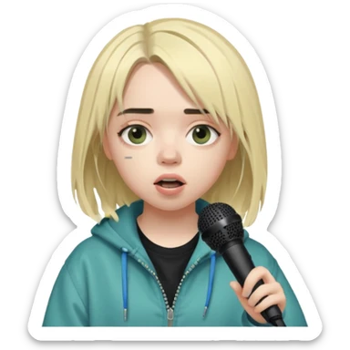 billie eilish is singing, holding mirco sticker