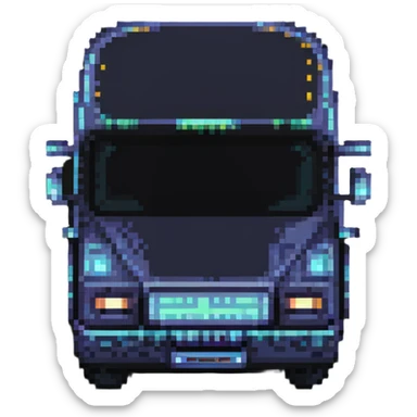 futuristic electric city bus with glowing lights, pixel art style sticker