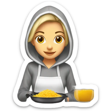 Girl is cooking scramble , white skin, light colour of hair, hoodie, trousers , straight hair sticker