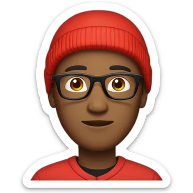 Man with red hoody, short hair and black basecap wearing black rectangular glasses sticker
