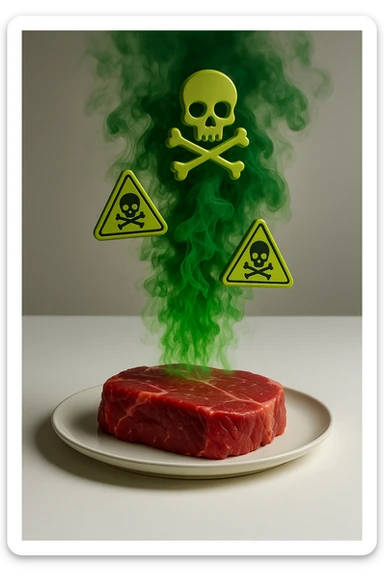 SU UN TAVOLO BIANCO MINIMAL. C'è UN PIATTO CON CARNE ROSSA CHE EMANA UN FUMO VERDE TOSSICO INSIEME A SIMBOLI 3D DI TOSSICITà, MOLTO REALISTICA E DETTAGLIATA, 4K sticker