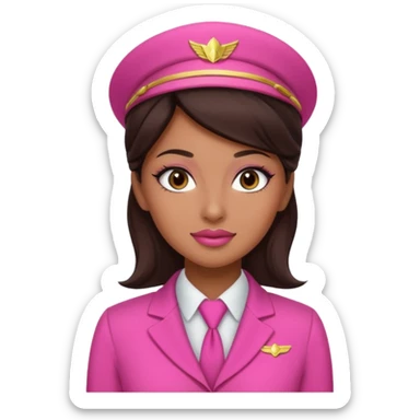 Flight attendant with pink outfit tan skin dark brown hair pretty makeup small mole by lip sticker