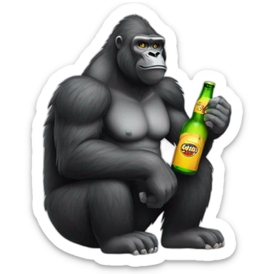 a gorilla sponsored by Carambar holding a beer and a vodka bottle sticker