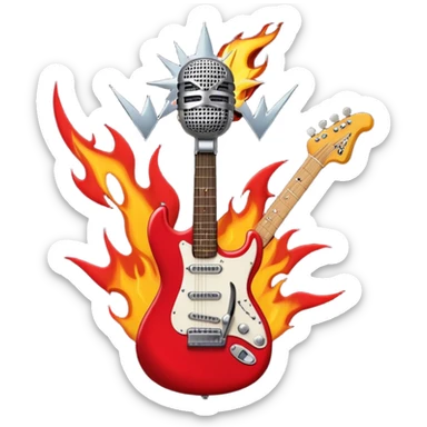Create a bold and dynamic emoji representing rock vocal performance in a humanless collage. The design should feature a vintage microphone at the center, surrounded by key rock elements like an electric guitar, drumsticks, and a guitar pick. Include symbols of energy, such as lightning bolts or flames, and subtle musical notes or sound waves to evoke the raw power of rock vocals. Use dark, bold colors like black, silver, and red, with hints of chrome or metallic accents to convey the edgy, rebellious spirit of rock music. The background should be transparent. sticker