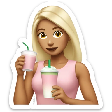 Swedish tanned Blonde girl with a pastel pink top drinking iced matcha latte ( not from Starbucks) sticker