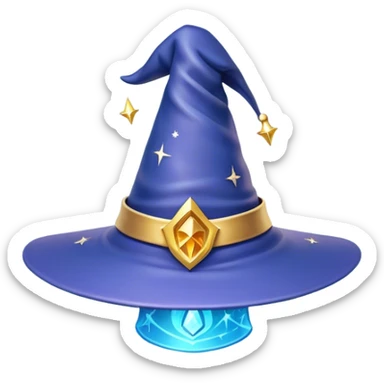 Clash of Clans aesthetic: Cinematic Playful Wizard's Hat Emoji, rendered in a 3D vector-style similar to standard emojis with minimal shading and bold, simplified shapes. A compact, isometric pointy hat with a wide brim adorned with mystical symbols and subtle enchanted shimmer, softly glowing with a magical whimsical charm. Simplified yet unmistakably iconic, highly detailed and consistent, glowing with a soft radiant glow and high shine. Stylized with a touch of classic sorcery and a soft glowing outline, capturing the essence of a legendary wizard’s hat with a friendly, playful manner! sticker