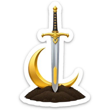 Minimalist emoji of a single upright sword planted into the ground with a glowing crescent rising behind it, representing inner discipline, Islamic strength, and the start of a new chapter. Flat icon style, transparent background sticker