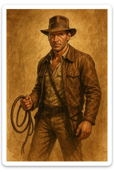 Indiana Jones inspired character, wearing a fedora hat, leather jacket, holding a whip, adventurous expression, iconic explorer look sticker